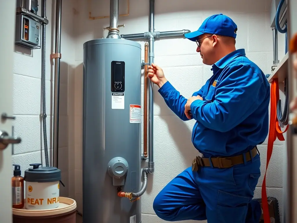 A plumber installing a new electric water heater in a utility room, with tools and safety gear, ensuring reliable hot water for a family home in Orlando.