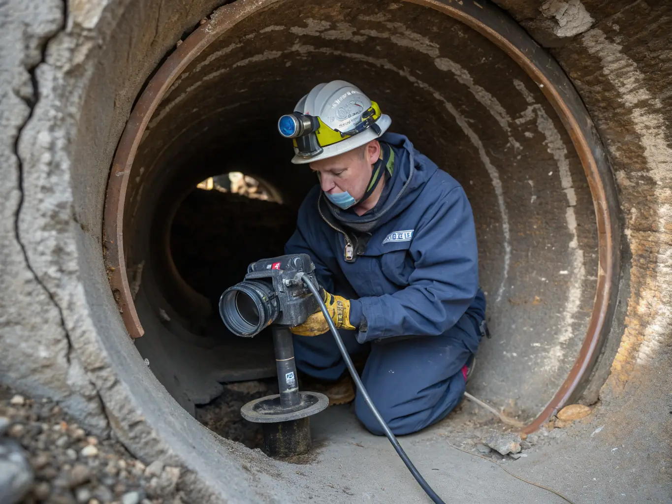 A technician performing a sewer camera inspection in a residential backyard, showing underground pipes and digital equipment, highlighting advanced repair techniques.